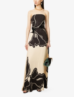 JOHANNA ORTIZ WOMENS BLACK/ECRU SIMBOLOGIA FLORAL-PRINT STRAPLESS CREPE MAXI DRESS 