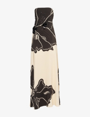 Shop Johanna Ortiz Womens Black/ecru Simbologia Floral-print Strapless Crepe Maxi Dress