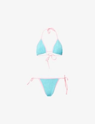Hunza G Womens Aqua/bubblegum Gina Contrast-trim Crinkle Bikini Set