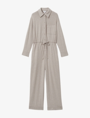 Reiss Fawn Thermal Jersey Drawstring Jumpsuit In Fawn
