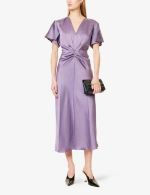 VICTORIA BECKHAM: Draped Pleat V-Neck Satin Midi Dress
