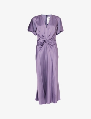 VICTORIA BECKHAM: Draped Pleat V-Neck Satin Midi Dress