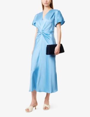 Victoria Beckham Womens Draped Pleat V-neck Satin Midi Dress Sky Blue In Sky Blue