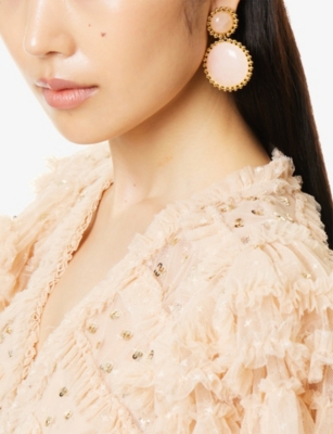 LELET NY: Lina Ballchain Yellow Gold-Plated Brass And Rose Quartz Drop Earrings