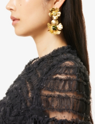 Lelet Ny Womens Green Multi Eden Floral 14ct Yellow Gold Plated-brass And Swarvoski Crystal Drop Earrings