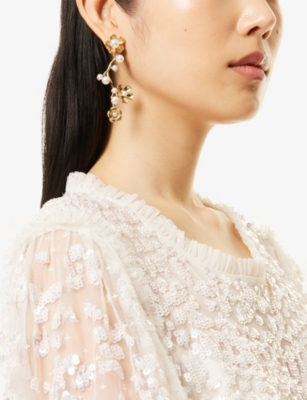 Lelet Ny Womens  Brynn Floral Pearl Linear 14ct Yellow Gold Plated-brass And Pearl Drop Earrings