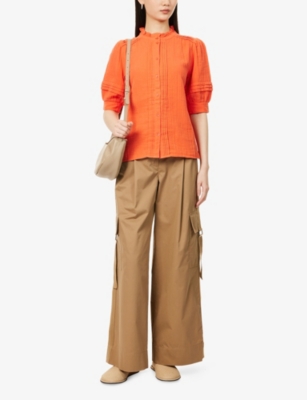 ME AND EM: Cheesecloth-Trim Puff-Sleeve Cotton Blouse