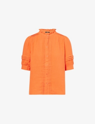 ME AND EM: Cheesecloth-Trim Puff-Sleeve Cotton Blouse