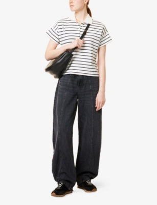 Me And Em Womens  Cropped Stripped Cotton Polo Top In Cream/navy
