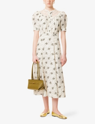 ME AND EM: Leaf-Print Lace-Panelled Silk-Blend Midi Dress