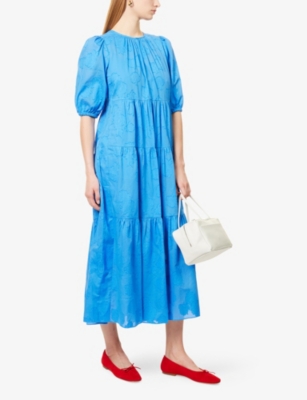 Me And Em Womens  Jacquard Puffed-sleeves Cotton-poplin Maxi Dress In Provence Blue