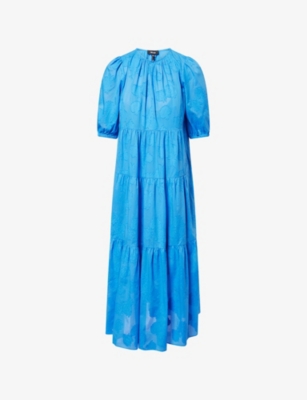 Me And Em Womens  Jacquard Puffed-sleeves Cotton-poplin Maxi Dress In Provence Blue