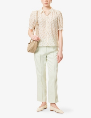 Me And Em Womens  Embroidered-collar Sweet-pea Print Cotton-silk Blouse In Light Cream/buttercr