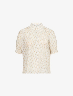 Me And Em Womens  Embroidered-collar Sweet-pea Print Cotton-silk Blouse In Light Cream/buttercr