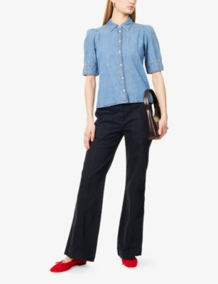 ME AND EM: Puffed-Short-Sleeves Spread-Collar Denim Shirt
