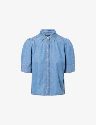 ME AND EM: Puffed-Short-Sleeves Spread-Collar Denim Shirt