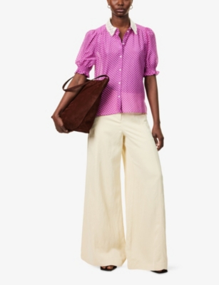 Me And Em Womens  Crosses-print Puffed-short-sleeves Cotton And Silk Blouse In Iris Purple/light Cr