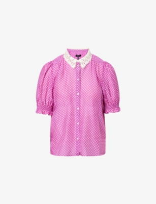 Me And Em Womens  Crosses-print Puffed-short-sleeves Cotton And Silk Blouse In Iris Purple/light Cr