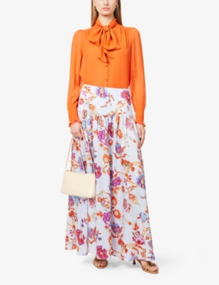 Me And Em Womens  Pussy Bow Sheer-sleeves Silk Blouse In Papaya Orange