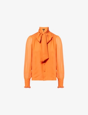 Me And Em Womens  Pussy Bow Sheer-sleeves Silk Blouse In Papaya Orange
