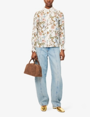 Me And Em Womens  Jacobean Embroidered Woven-blend Shirt In Light Cream/green/mu