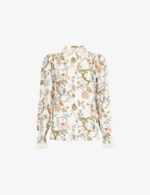 Me And Em Womens  Jacobean Embroidered Woven-blend Shirt In Light Cream/green/mu