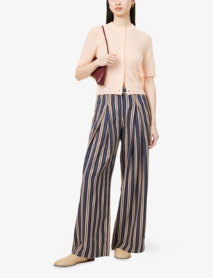 Me And Em Womens  Wide-leg Striped Woven Trousers In Neutral/navy