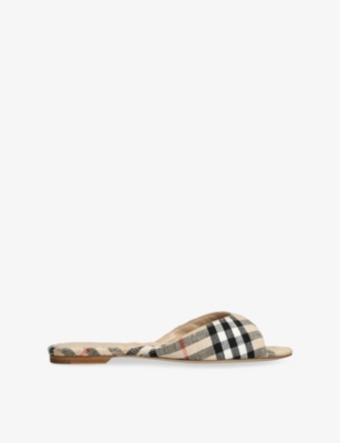 Burberry Womens Beige Comb Check Mews Linen Flat Sandals Eur 38/5 Uk