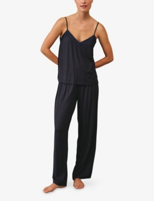 The White Company S Navy Satin-trim Stretch-jersey Pyjamas Xl In Blue