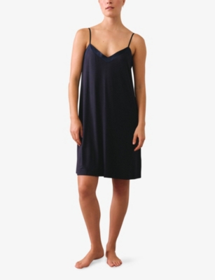 The White Company S Navy Satin-trim Stretch-jersey Night Dress Xs In Blue