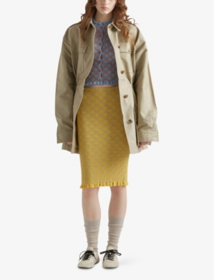 Prada Smocked Knit Diamond-embroidered Top In Light Blue
