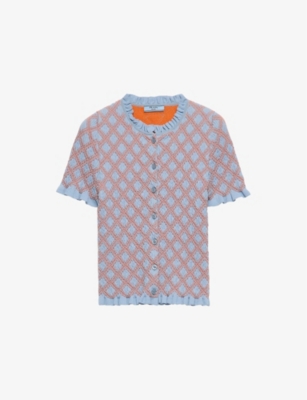 Prada Smocked Knit Diamond-embroidered Top In Light Blue