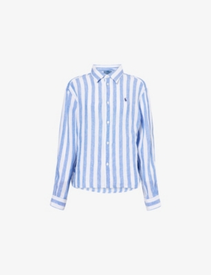 POLO RALPH LAUREN WOMENS STRIPED BRAND-EMBROIDERY LINEN SHIRT 4567A BLUE/WHITE XS 