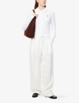Polo Ralph Lauren Womens Logo-embroidered Collar Cable-knit Cotton Cardigan White Xs In White
