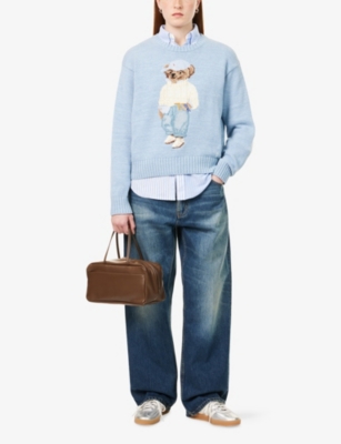 Polo Ralph Lauren Womens Chambray Marl Bear-intarsia Round-neck Cotton-knit Jumper In Chambray Marl