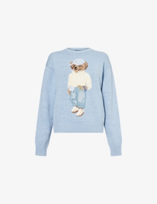 Polo Ralph Lauren Womens Chambray Marl Bear-intarsia Round-neck Cotton-knit Jumper In Chambray Marl