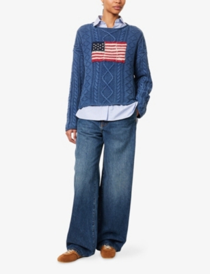 Shop Polo Ralph Lauren Womens Flag Aran-knit Cotton Jumper Indigo/multi