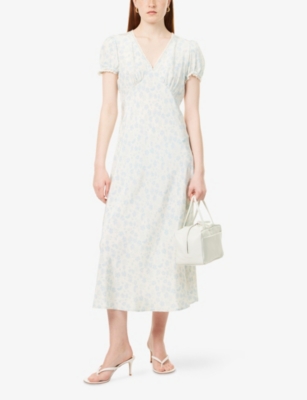 POLO RALPH LAUREN: Floral Puffed-Sleeves Silk Midi Dress