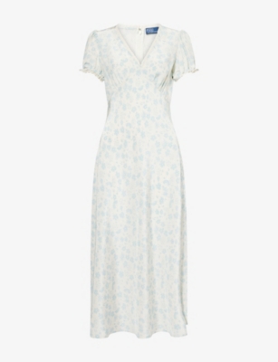 POLO RALPH LAUREN: Floral Puffed-Sleeves Silk Midi Dress