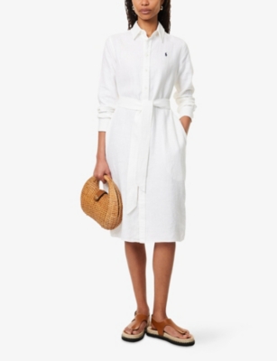 POLO RALPH LAUREN: Logo-Embroidered Long-Sleeve Linen Midi Shirt Dress