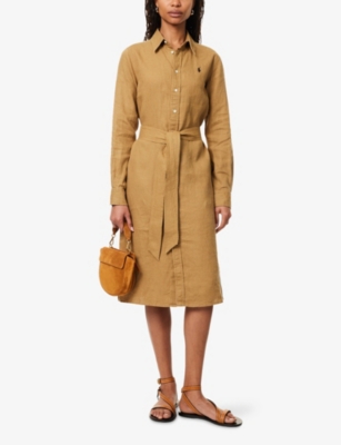 POLO RALPH LAUREN: Logo-Embroidered Long-Sleeve Linen Midi Shirt Dress