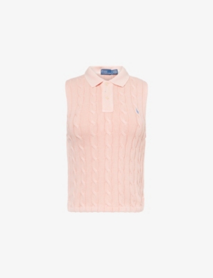 Polo Ralph Lauren Womens Logo-embroidery Sleeveless Cable-knit Cotton Polo Shirt Pink Sand Xs