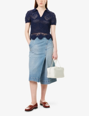 Polo Ralph Lauren Womens Spring Navy Crochet Cropped Cotton-knit Top Xs In Spring Navy