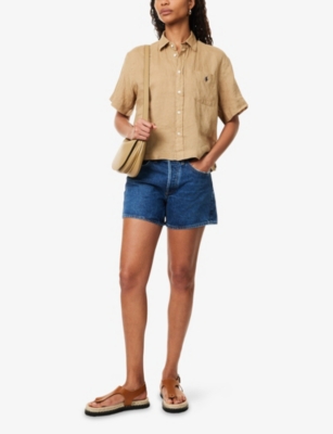 Shop Polo Ralph Lauren Womens Camel Logo-embroidered Short-sleeve Linen Shirt Xl