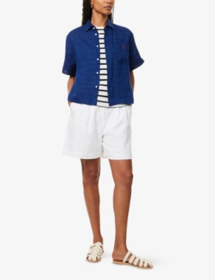 Polo Ralph Lauren Womens Logo-embroidered Short-sleeve Linen Shirt Harrison Blue