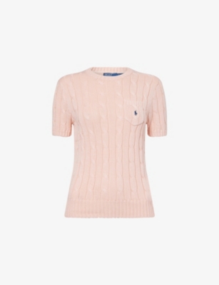 Polo Ralph Lauren Womens Cable-knit Short-sleeves Cotton Jumper Pale Pink Xs