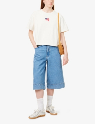POLO RALPH LAUREN: Embroidered Cropped Cotton-Jersey T-Shirt