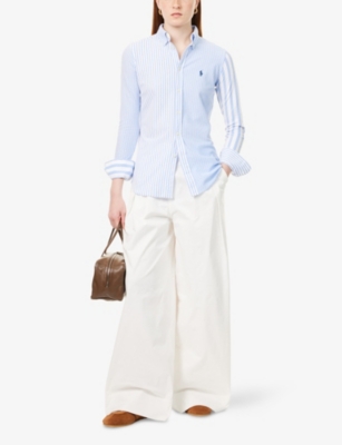 Polo Ralph Lauren Womens Harbor Island Blue/white Striped Button-down-collar Cotton-piqué Shirt In Harbor Island Blue/white
