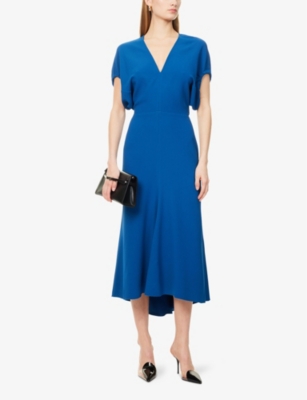 Victoria Beckham Womens Sapphire Blue V-neck Asymmetric-hem Stretch-woven Midi Dress In Sapphire Blue