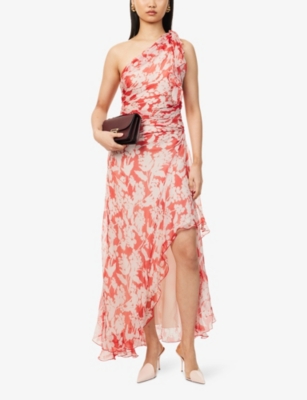 Floral-Print One-Shoulder Silk Midi Dress
